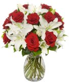 Long Stem Rose  Oriental Lily Bunch - With Vase