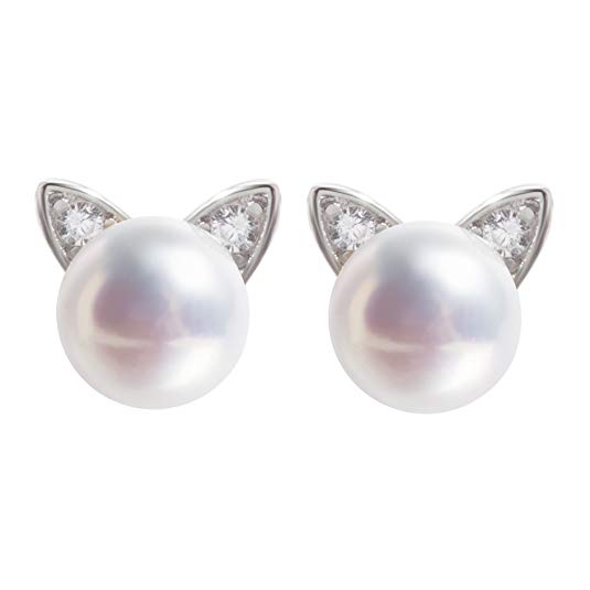 Meow Star 925 Sterling Silver Cat Earrings Cat Ear Studs Handpicked Freshwater Cultured Pearl Stud Earrings For Cat Lovers Mothers Day Gift