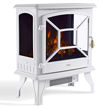 VonHaus Panoramic Electric Stove Heater – 1800W Fireplace with LED Log Fire Flame Effect – Adjustable Thermostat, Freestanding & Portable with Overheat Protection - Ideal for Living Room - White