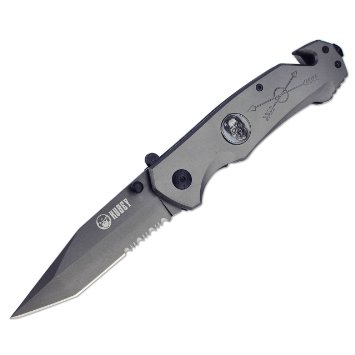 KUBEY B103V Assisted Opening Rescue Tactical Folding Knife with Pocket Clip,Half Serrated Blade,Seatbelt Cutter,Glass Breaker,4 Inch Gray Straight Edge Blade