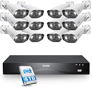 ZOSI 24CH 4K PoE Security Camera System, 12pcs 4K Spotlight Outdoor Cameras, 16 Port 24CH 8MP Dual-Disk NVR with 4TB HDD for 24/7 Recording, AI Detection, 2 Way Audio Surveillance for Business