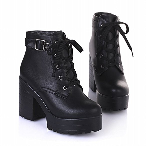 Latasa Women's Fashion Platform Ankle-high High-heel Chunky Boots, Lace-up Martin Boots
