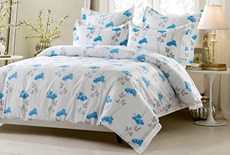 5pc Floral Blue Duvet Cover Set Style # 1025 - Full/Queen - Cherry Hill Collection
