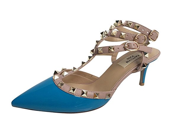 Kaitlyn Pan Pointed Toe Studded Strappy Slingback Kitten Heel Leather Pumps Sandals