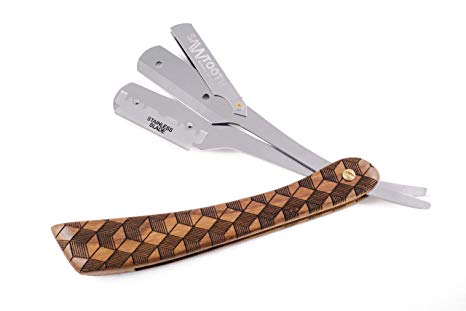 Straight Razor with Checkered Wood Handle by Sawtooth Shave Co, Includes Carrying Case, 10x Replaceable Blades