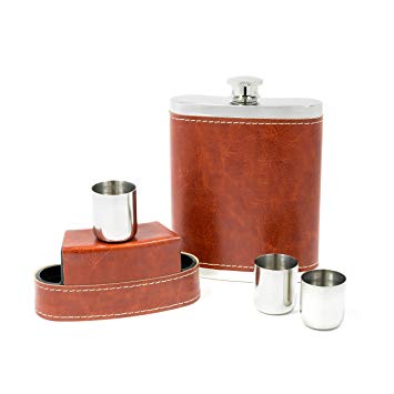 Shot Flask - Stainless Steel 8 oz Hip Flask with 3 .50 Oz Shot Glasses & Flask Funnel - Everything You Need to Pour Shots on the Go - BarMe Brand (Brown)