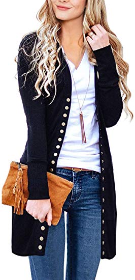 MEROKEETY Women's Long Sleeve Snap Button Down Solid Color Knit Ribbed Neckline Cardigans