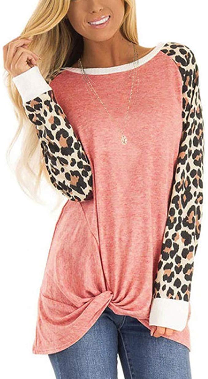 OMSJ Womens Casual Tops Long Sleeve Leopard Knot Twist Loose Fall Pullover Tunic Tops