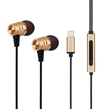 Wired Lightning Earphones, Hizek HiFi Sound Apple In-Ear Earbuds Wired Headphone with Stereo Mic & Remote Control Aluminum Alloy Wire/Plug/Ear Shell for iPhone 7/7Plus/ iPhone 6/6S/6S Plus/5/5S, iPad4 and All Lightning Port Devices(Gold)
