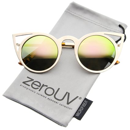 zeroUV - Womens Fashion Round Metal Cut-Out Flash Mirror Lens Cat Eye Sunglasses