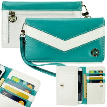 caseen ViVi Women's Smartphone Wallet Clutch Wristlet Case (Teal Turquoise Mint/White) for Apple iPhone 6 5S 5C 5 4S 4, Samsung Galaxy S5 S4 S3, Google Nexus 5, LG G2, HTC One M7, Sony Xperia Z3 Compact / Z, Moto X, Moto G, Droid Razr [Up to 5.75 x 3.1 Inch Cellphone] - Medium Size