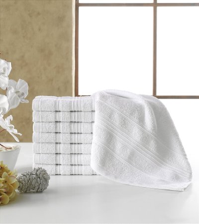 Berrnour Home Solomon Collection 8-Piece Set of White Bordered Design 13" X 13" 100% Turkish Cotton Luxury Wash Cloth