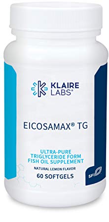 Klaire Labs Eicosamax TG Fish Oil - Purity Tested Omega 3 Triglyceride, Sustainably Harvested, Ultra Pure 360 mg EPA / 240 mg DHA with Natural Lemon Flavor for No Fishy Burps (60 Softgels)