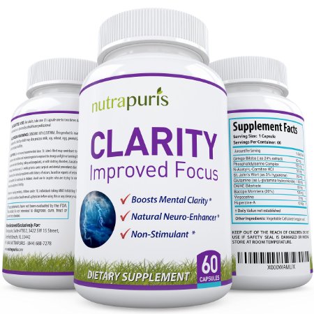 Nutrapuris CLARITY Best Brain Supplement - 60 Natural Ginkgo Biloba Capsules - Improve Mental Focus Memory and Concentration - 1 Nootropic For Healthy Brain Function With More Energy - 100 Guarantee