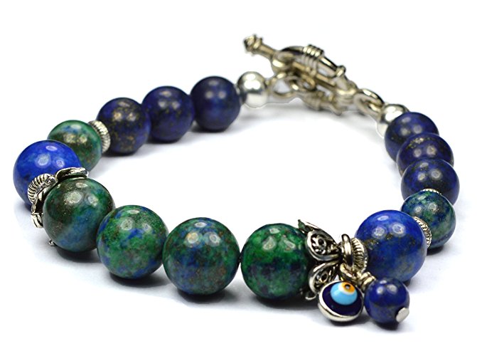 Stones of Positivity and Protection. Azurite, Lapis Lazuli, Evil Eye Charm Bracelet. Throat Chakra Bracelet. Genuine gemstone jewelry handmade by Mirilya. Natural gemstones.