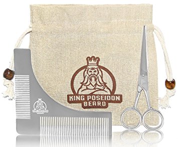 Fathers Day Gifts KING POSEIDON Beard Shaping Tool With 4.9'' Beard & Mustache Scissors - Sharp Blades For Precise Cut, Beard Shaper Template Comb, Premium Grooming Kit For Men