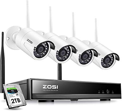 ZOSI 1080P Wireless Security Camera System H.265  8Channel 1080P CCTV NVR and 4PCS 2.0MP 1080P Weatherproof Bullet IP WiFi Cameras 65ft Night Vision, 2TB Hard Drive, Customizable Motion Detection