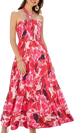 GRACE KARIN Women's Summer Dresses 2024 Halter Neck Sleeveless Smocked Backless Cut Out Floral Flowy A Line Maxi Dress