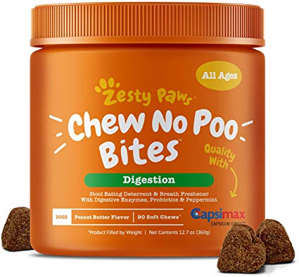 Zesty Paws Chew No Poo Bites - Coprophagia Stool Eating Deterrent for Dogs - Deter & Stop Dog from Eating Feces - Probiotic & Digestive Enzymes - Peppermint Breath Freshener Supplement - 90 Soft Chews