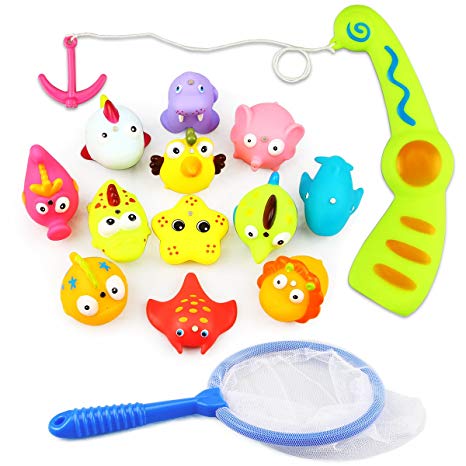 Dreampark Fishing Bath Toys, Magnetic Fishing Toy [14 Pack] Floating Animals Water Toy with Fishing Net/Pool Bath Time Toy for Kids Toddler Baby