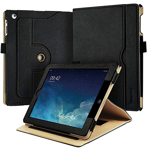 EasyAcc iPad 2 3 4 Case, 360 Degree Rotating and Document Card Slots Case with Multi-angle Stand Function/Auto Wake/Sleep PU Leather Cover for iPad 2 3 4 - Black