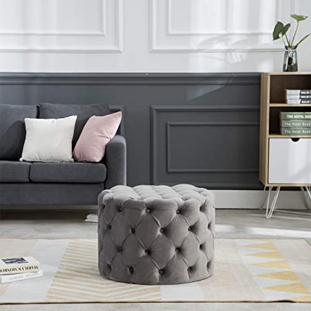 Guyou Upholstered Tufted Round Velvet Ottoman with Button, Mordern Footrest Stool Ottoman Comfy for Living Room/Hosting Room/Bedroom(Gray)