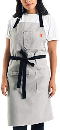 Caldo Cotton Kitchen Apron - Mens and Womens Professional Chef Bib Apron - Adjustable Straps with Pockets and Towel Loop (Grey)