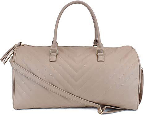 Women's Chevron Pattern Large Leather Weekender Duffel Bag with Gold Hardware and Satin Interior - Big 22" Size - Tan