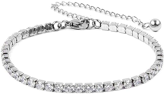 Shop LC Delivering Joy Eternity Bridal Wedding Engagement Tennis Bracelet for Women Jewelry Lady Gift Round Cubic Zirconia CZ Classic Stainless Steel 7" with 2" Extender