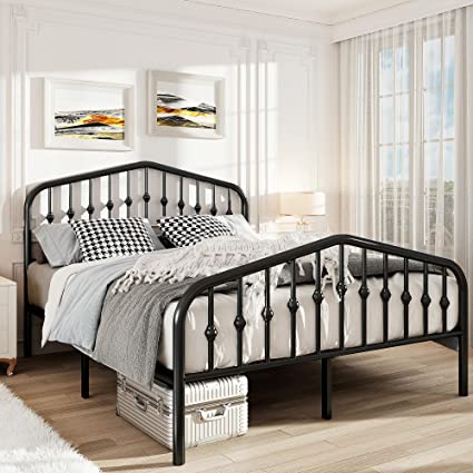 Allewie Queen Size Platform Metal Bed Frame with Chic Headboard and Footboard, Modern Design with Storage Space, Easy Assembly, Black