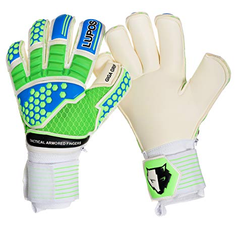Goalie Gloves Youth, Kids, Adult - Lupos Armored. Goalkeeper Gloves 3D Tech Punch Zone, Removable Pro Fingersave, 4 mm German Latex Giga Grip Palm, 3D Ultra Breathable Mesh Backhand, Roll Cut.