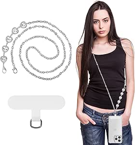 MoKo Universal Phone Lanyard, Metal Cell Phone Chain Crossbody Strap Anti-Theft Detachable Women Cellphone Lanyards Around The Neck with Patches for iPhone, Most Smartphones - Silver (Heart Shape)