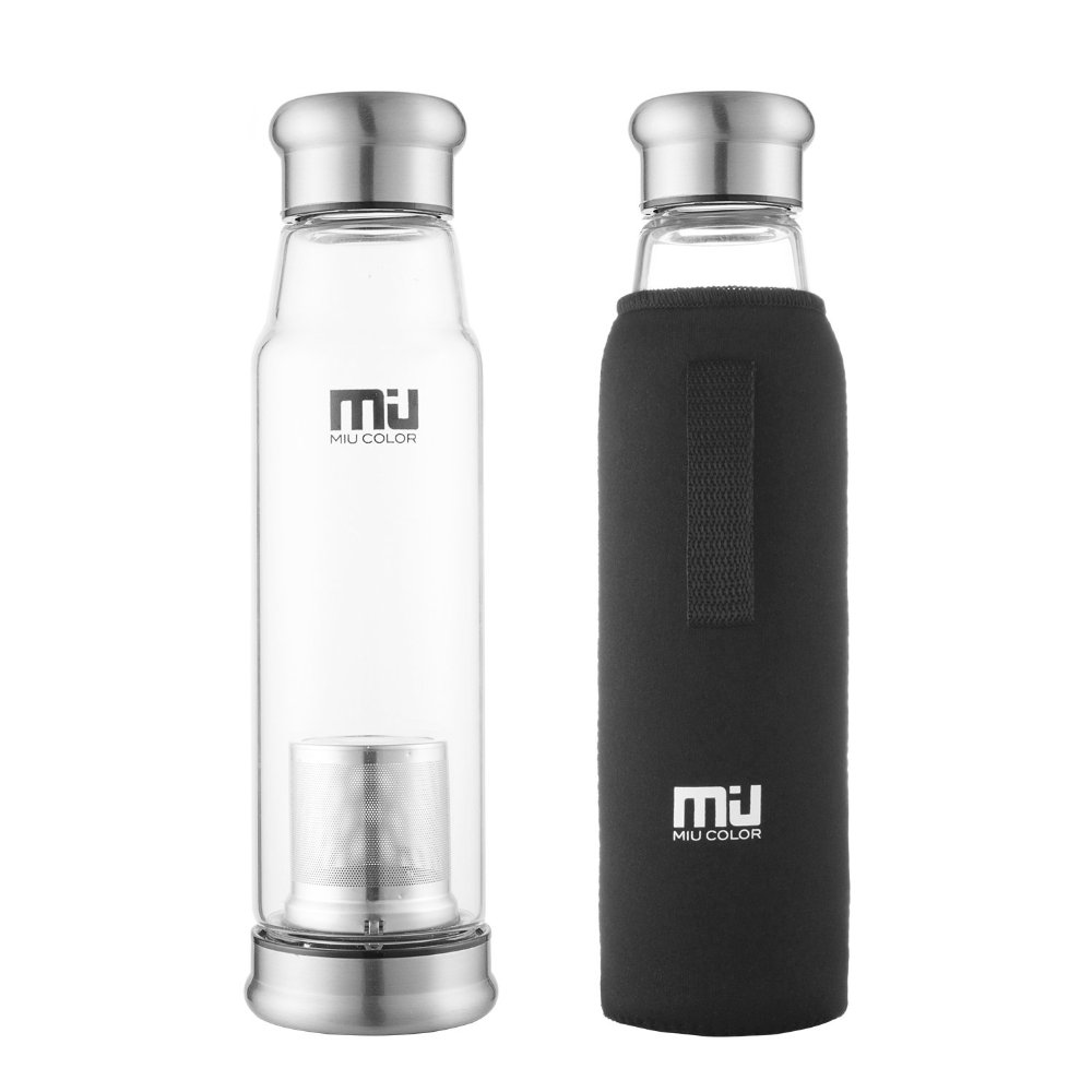 MIU COLOR Newly-released Big Capacity Crystal Glass Water Bottle Stylish Portable Handmade High Quality 22oz with Tea Infuser245oz without Tea Infuser Designed in Switzerland