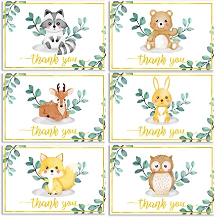 36 Pack Gold Foil Woodland Thank You Cards – Gender Neutral Baby Thank You Cards, Animal Thank You Cards with Envelopes & Blank Note, Gratitude Thank You Cards & Envelopes for Appreciation