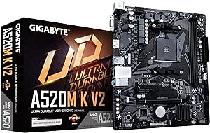 GIGABYTE Carte mère A520M K V2 - Prend en Charge Les processeurs AMD Ryzen série 5000 AM4, jusqu'à 5100MHz DDR4 (OC), PCIe Gen3 x4 M.2, LAN GbE, USB 3.2 Gen 1