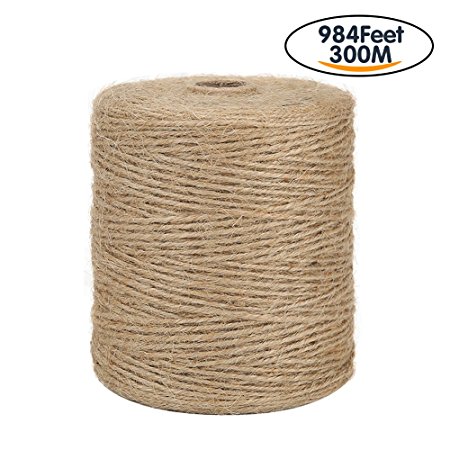 Tenn Well Natural Jute Twine, 3Ply 984Feet Arts and Crafts Jute Rope Industrial Packing Materials Packing String For Gifts, DIY Crafts, Decoration, Bundling, Gardening and Recycling