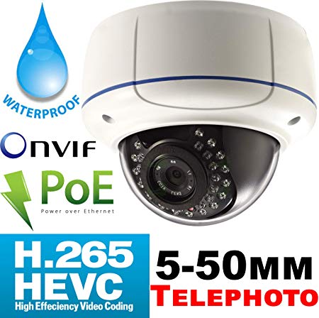 USG 4MP IP PoE Dome Security Camera : 5-50mm Long Range 10x Zoom Manual Vari-Focal Telephoto Lens, IR LED, IR-Cut, IP66 Outdoor Weatherproof, H.265, ONVIF : with Wall Mount Bracket : Pro Grade