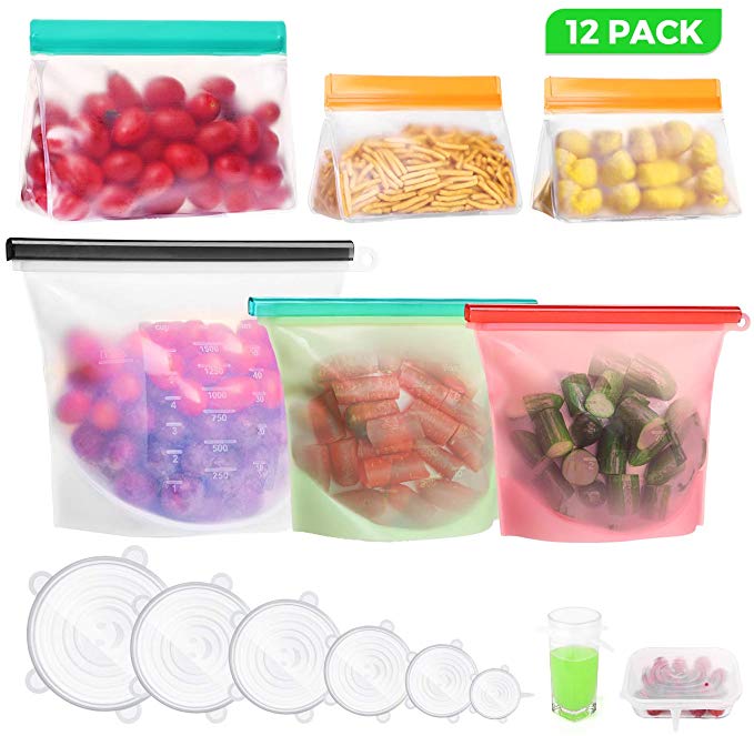 CENJOY 12 Pack Silicone Reusable Storage Bags (50oz 30oz2) & Rezip Reusable Storage Bags (3 Pack) & Silicone Stretch Lids (6 Pack) Airtight Seal Sandwich Bags Reusable for Food Snacks Fruit Lunch