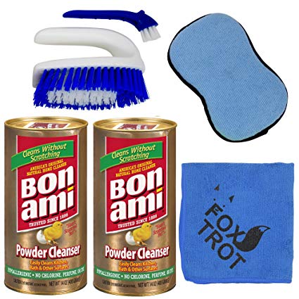 Bon Ami Polishing Cleanser Powder Cleaning Bundle - Two 14 Oz Bon Ami Cleaner Powder - Tough Scrub Sponge - 2 in 1 Scrub and Detail Brush - Foxtrot Microfiber