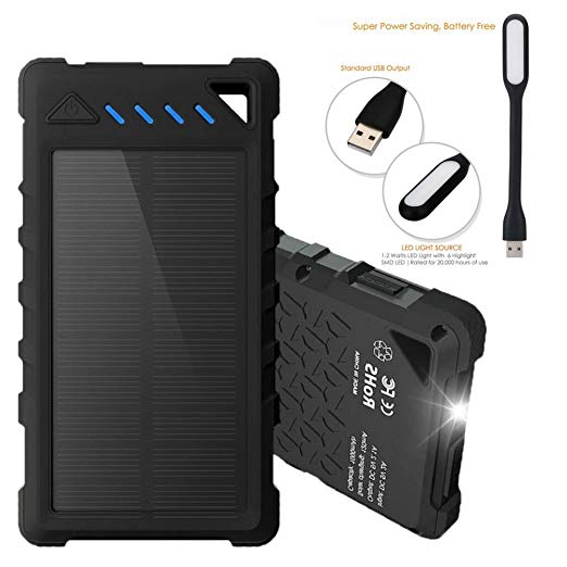 Solar Phone Charger, Power bank and Backup Battery for Cell Phone and other Devices such iPhone, Samsung and Android phones. Waterproof Dustproof, Shockproof with Fast Charging. Includes Bonus LED La