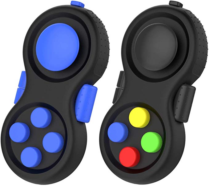 Fidget Controller Pad, ATiC [2 Pack] Stress Reducer Classic Game Pad Anti-anxiety Focus Hand Shank Toy for ADD, ADHD, Autism Kids and Adults Killing Time, Colorful/Black   Blue/Black