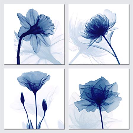 Pyradecor Large Blue Flickering Flower Modern Abstract Paintings Canvas Wall Art Gallery Wrapped Grace Floral Pictures on Canvas Prints 4 Panels Artwork for Living Room Bedroom Office Home Decorations