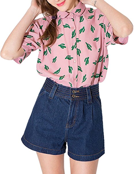 HaoDuoYi Womens Sweet Cactus Printed Peter Collar Top Shirt