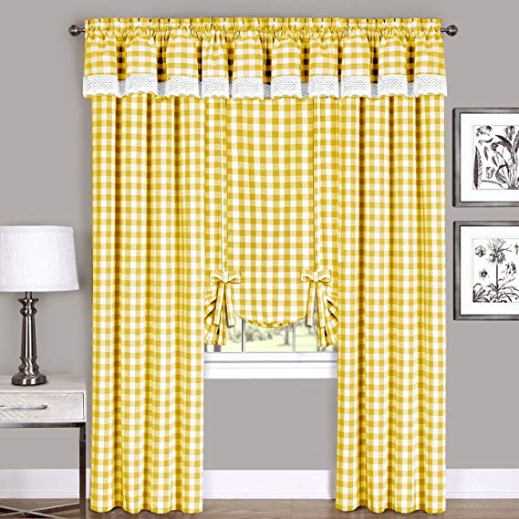 Achim Home Furnishings Buffalo Check Window Curtain Tie Up Shade, 42" x 63", Yellow & White