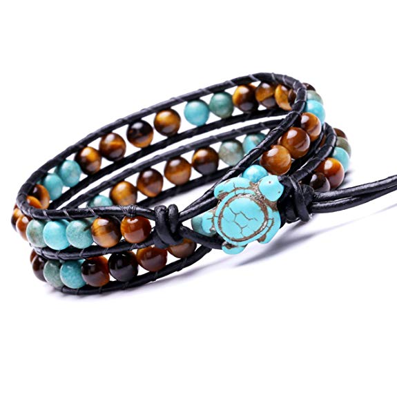 PearlyPearls Leather Wrap Cuff Bracelet Turtle Turquoise and Tiger Eye Beads Handmade Bangle Boho Wristband for Men Women Girls