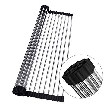JOMOLA Roll-up Dish Drying Rack Stainless Steel Fold-able Over Sink Mat Heat Resistant Kitchen Roll up Dish Drainer With Black Non-slip Silicone Grips