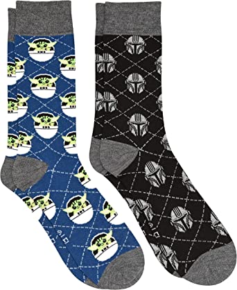 Star Wars Baby Yoda and Mando Argyle Men's Crew Socks 2 Pair Pack Shoe Size 6-12