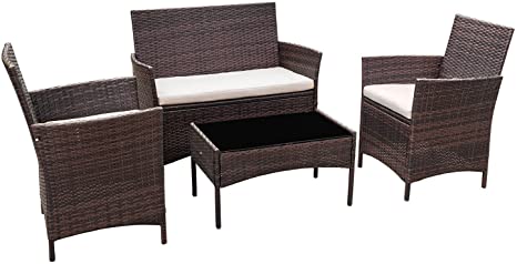 Flamaker Outdoor Furniture Patio Set Cushioned PE Wicker Rattan Chairs with Coffee Table 4 PCS for Garden Poolside Porch Backyard Lawn Balcony Use
