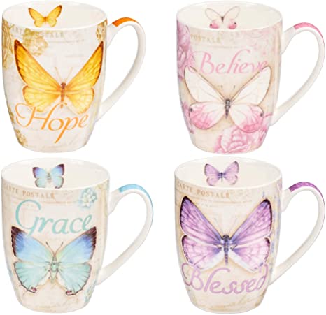 Botanic Butterfly Blessings Coffee/Tea Mug Set w/Scripture | Teal Grace Butterfly, Purple Blessed Butterfly, Pink Believe Butterfly, Yellow Hope Butterfly, Microwave/Dishwasher Safe, Ceramic 12oz