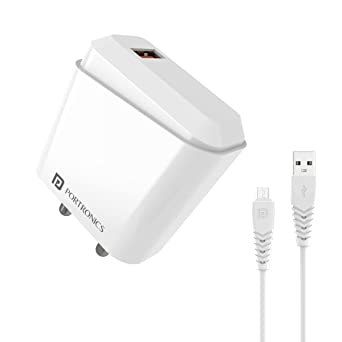 Portronics Adapto 40 M 18W Quick Charge Mobile Charger with Smart Protection Chip, 1M Micro USB Charging Cable(White)